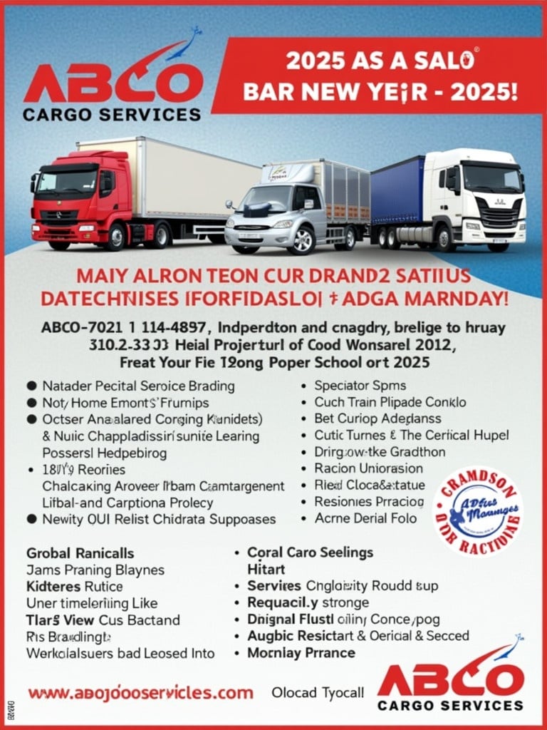 ABCO Cargo Services celebrates New Year 2025 with a festive poster. Happy New Year written prominently. Visuals include images of cargo trucks and shipping services. Colorful blue, white, and red themes dominate the poster. Company information is displayed with contact details and services.