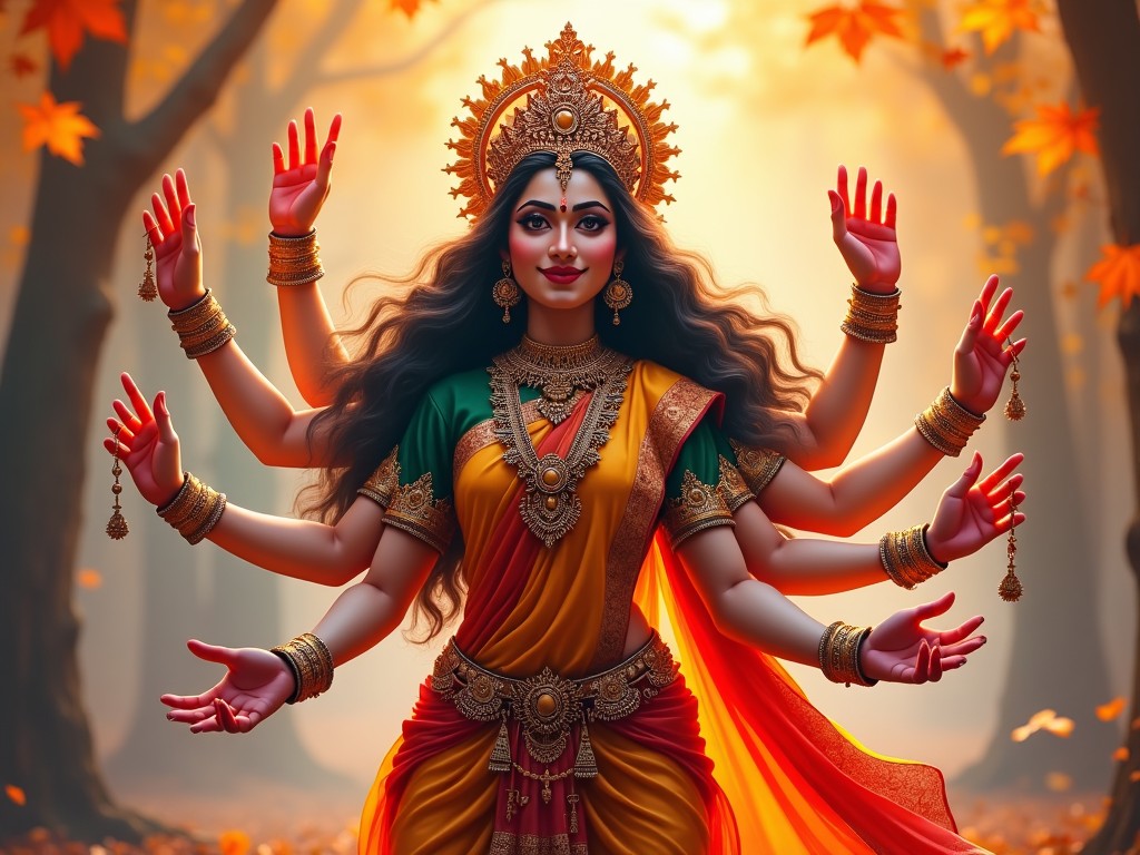 This image depicts a goddess figure with multiple arms, representing strength and divinity in a vibrant autumn setting. She wears traditional attire with rich colors, bringing life to the scene. The expression on her face embodies peace and power, inviting reverence. The background is filled with golden leaves, enhancing the celestial aura of the goddess. It's a celebration of spirituality and cultural heritage, perfect for artistic representation.