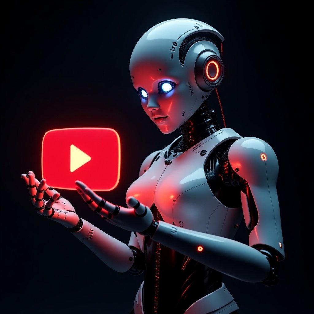 Futuristic humanoid robot with sleek metallic body. Robot features glowing red and blue accents. The design shows advanced AI aesthetics with visible circuits. Robot holds glowing red holographic YouTube play button. Background is dark.