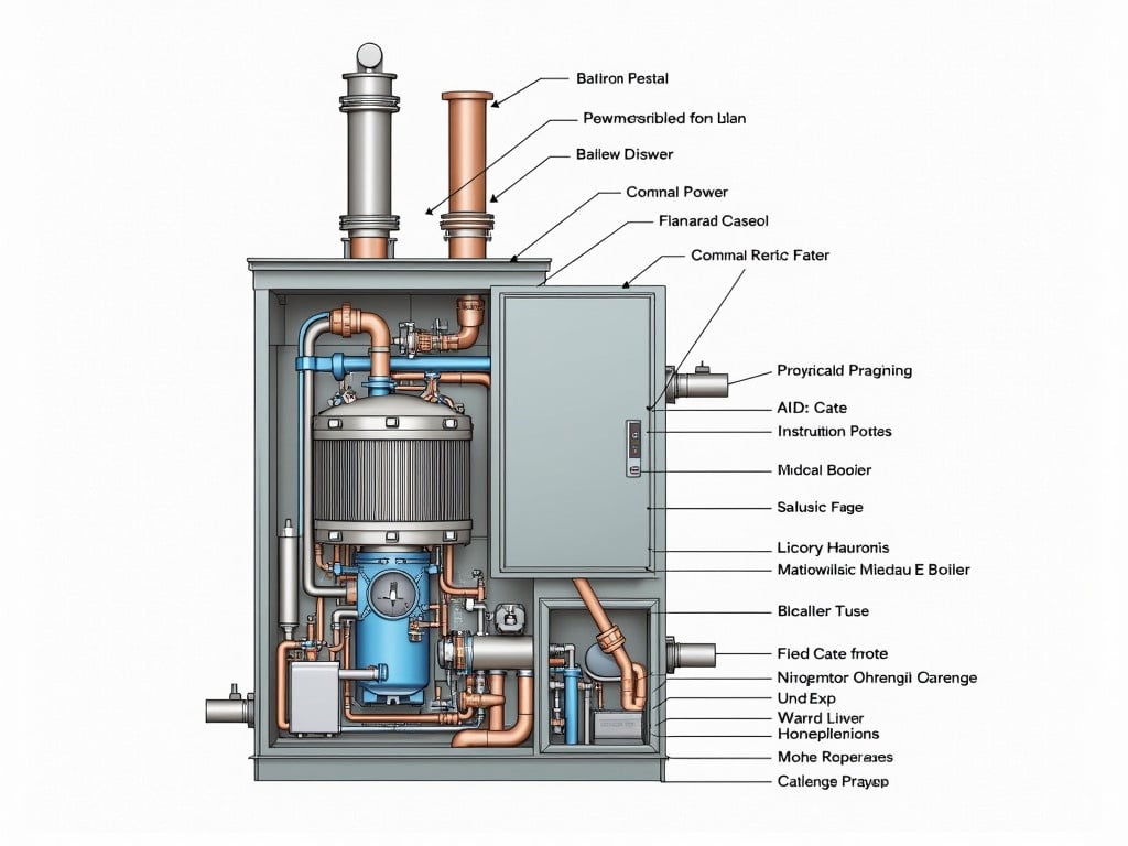 Detailed cross section illustration of a modern condensing gas boiler. Includes labeled components and piping for clarity. Features centralized heating unit, exhaust systems, and energy-efficient design.