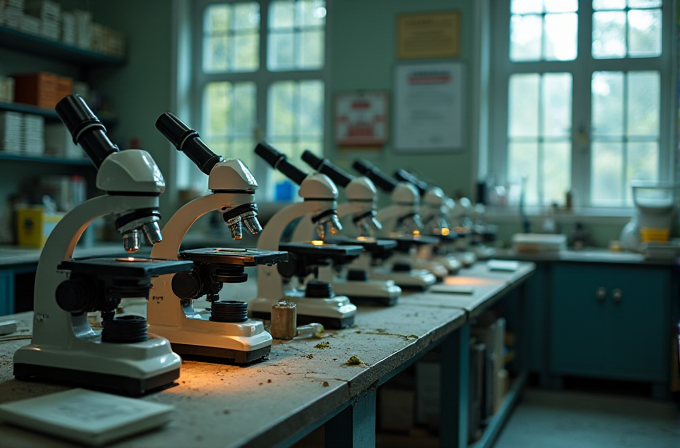 A dimly lit laboratory with a line of microscopes on a long table.