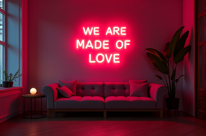 A cozy living room features a bright pink neon sign stating 'WE ARE MADE OF LOVE' above a grey sofa with red cushions, flanked by modern decor including plants and soft lighting.