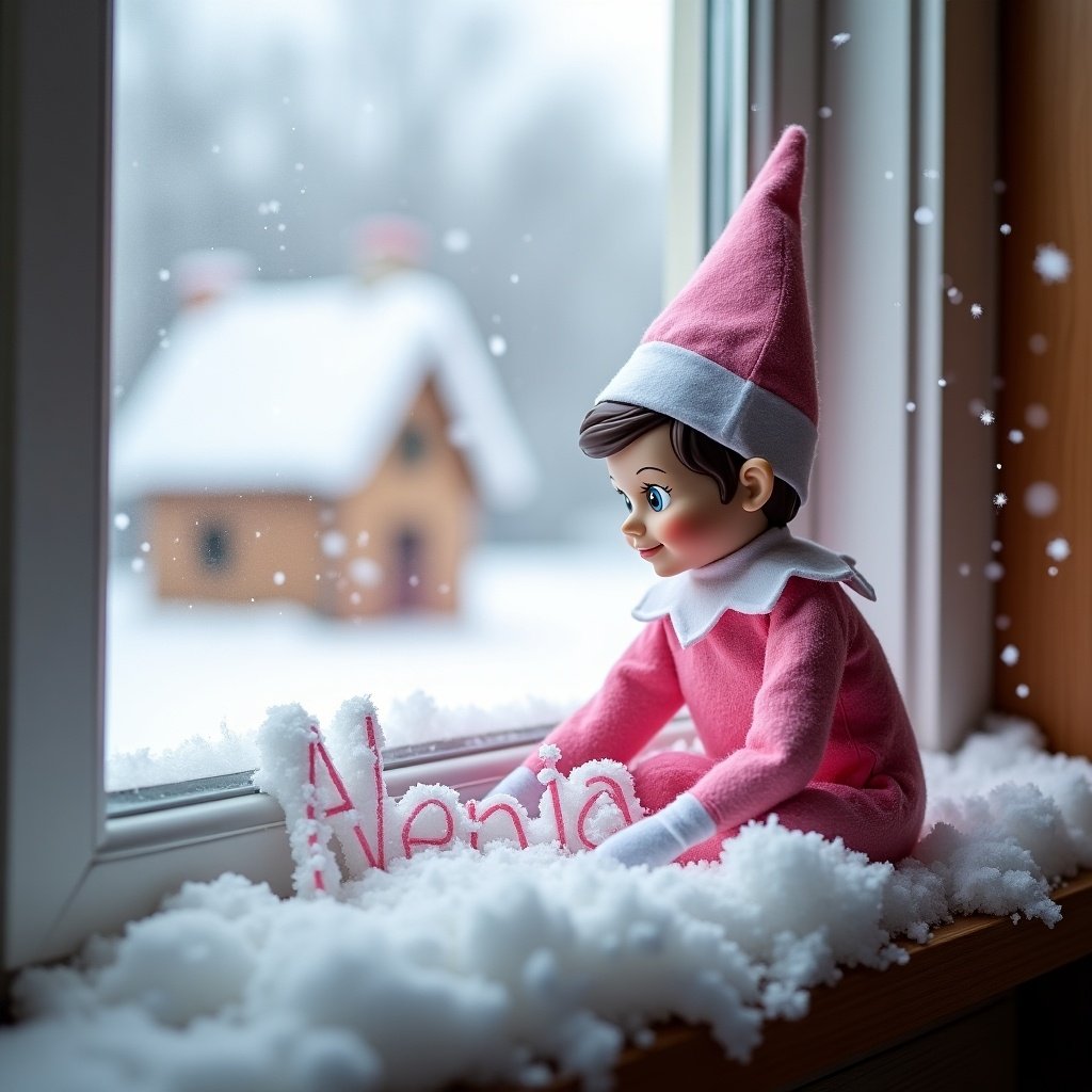 A pink girl elf sits on a snowy windowsill. Elf writes 'Alenia' in soft snow. Cozy winter scene outside with a charming house. Snowflakes fall gently around. The elf invites joy and warmth during the holiday season.