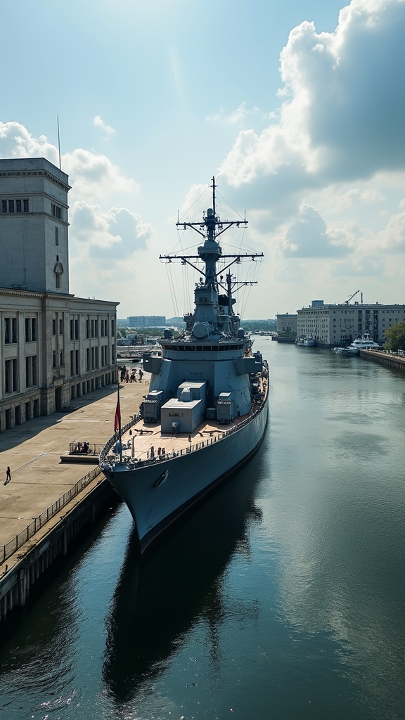 A large naval warship docked beside a historic building under a partly cloudy sky.