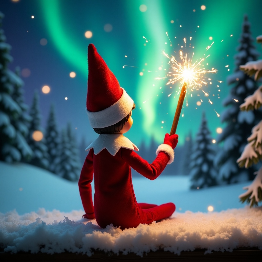 Elf on the shelf gazes at northern lights. Holds glowing wand. Snow-covered ground adds winter feel. Name written in air is Bella-rose and Noah. Spirit of Christmas magic and wonder.