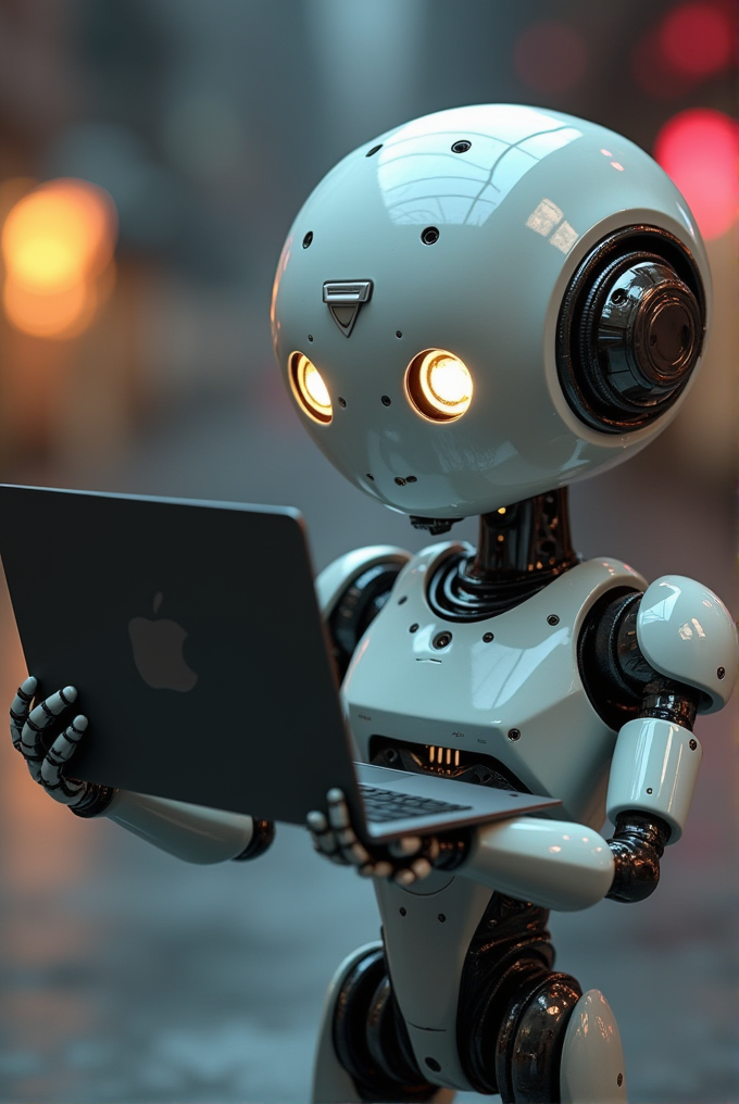 A futuristic robot with a round head and glowing eyes holding an Apple laptop in a dimly lit environment.