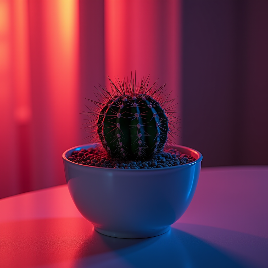 A cactus sits in a white pot, illuminated by blue and red lights on a smooth surface.