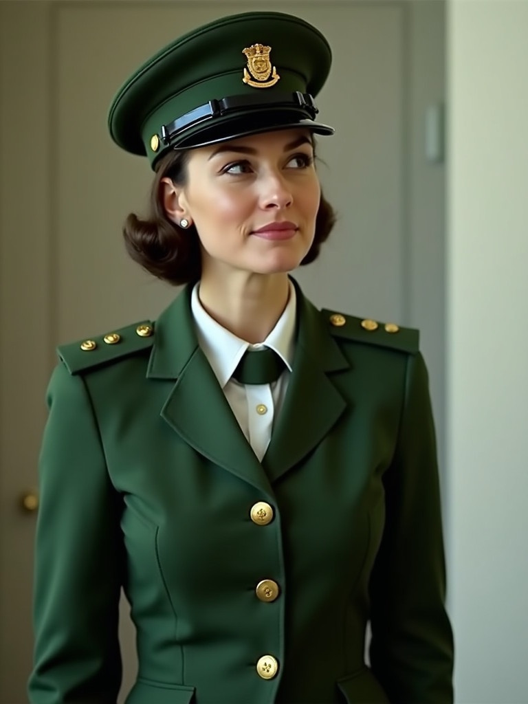 A woman in a green military-style uniform with a cap stands upright smiling. The uniform features gold buttons and a military badge on the hat. The background suggests an official interior setting.