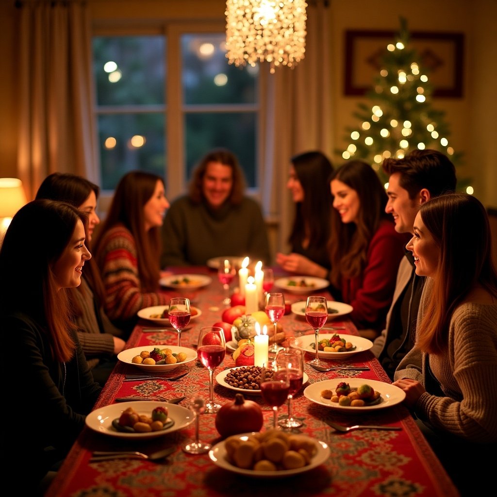 Celebration of Yalda night with friends and family gathered around a table. Traditional dishes displayed. Soft candlelight enhances the atmosphere. Tree decorated in the background.