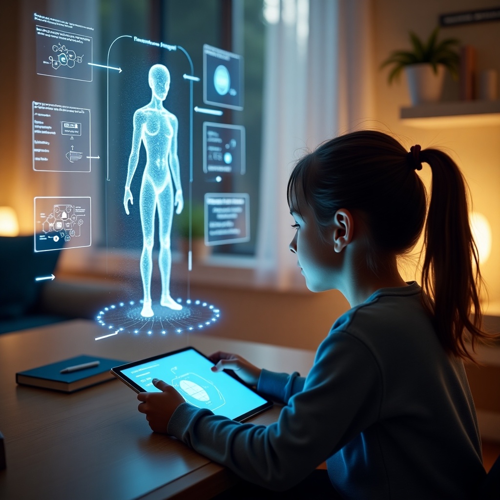 Scene depicts young student at home using AI-powered holographic tablet. AI tutor appears as a dynamic figure made of digital particles. Surroundings show personalized learning visuals like 3D diagrams and graphs. The environment is modern and warm, highlighting AI support.