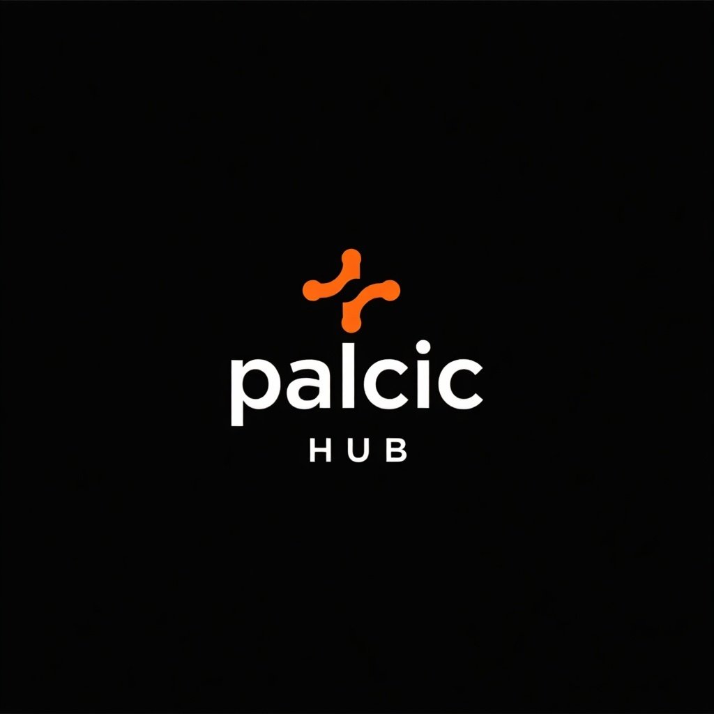 This image features a minimalist logo for 'Palcic Hub'. The design uses a sleek combination of white and orange text against a black background. The word 'pal' is displayed in white, while 'cic' is in orange, achieving a striking contrast. Above the 'c', there is an abstract orange symbol that likely represents a connection or network motif. Below, the word 'HUB' is shown in a smaller white font, reinforcing themes of connectivity and modernity.