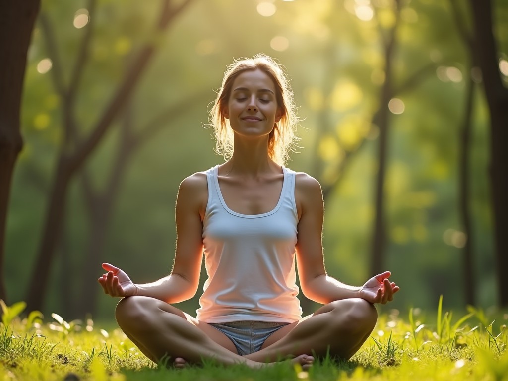 The image features a person sitting cross-legged in a peaceful outdoor setting. They are meditating with their eyes closed, exuding tranquility and focus. The background is rich with natural greenery, creating a serene atmosphere. Soft sunlight filters through the trees, enhancing the calming vibe of the scene. This moment captures the essence of mindfulness and connection with nature naturally.