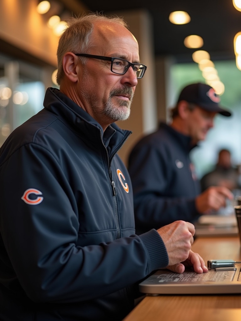 A shot of Chicago Bears head coach Thomas Brown working at McDonald's. Focus on the coach's posture and interaction with a laptop. Show elements of a modern fast-food setting, highlighting the ambiance and teamwork.