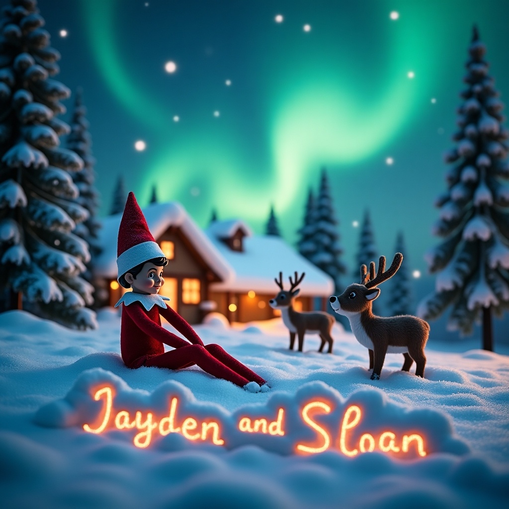 An enchanting Christmas scene with an elf on the shelf sitting in the snow under northern lights. Two reindeer nearby. Name 'Jayden and Sloan' written in the snow. Cozy Santa's cottage in the background. Magical imagery of the holiday season evoking joy and wonder.