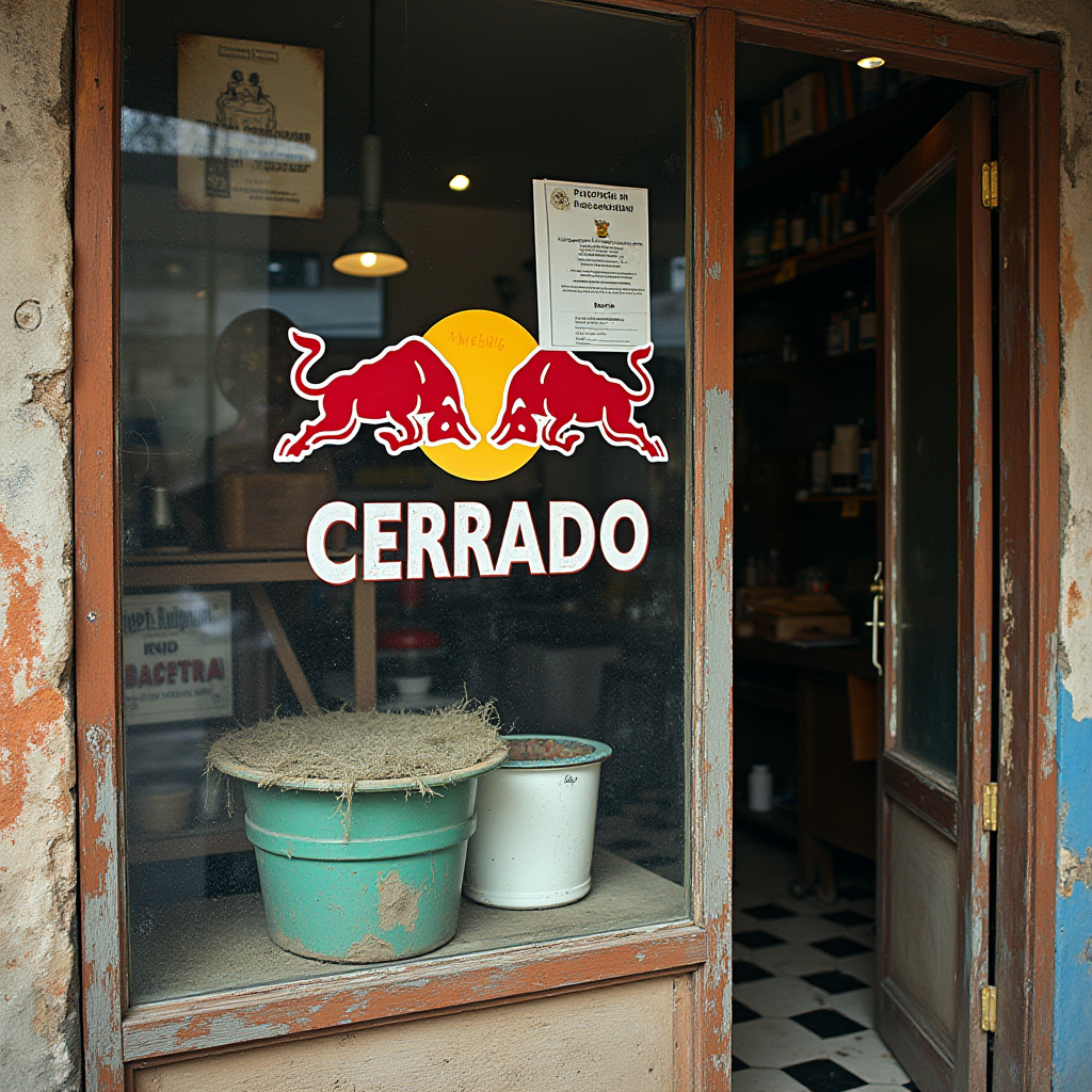 A rustic storefront with a 'cerrado' sign featuring two red bulls on the door.