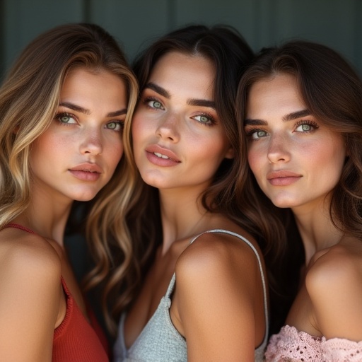 Three young women posing together. They are wearing stylish tops. Their hair is styled. They appear confident and friendly. The background is softly blurred. Colors are soft and inviting.