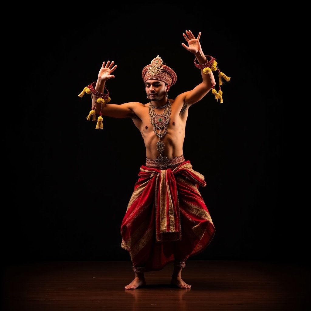 Srimpi Traditional Dance Yogyakarta performed by dancer on a dark background with expressive movements. The dancer wears traditional attire with intricate details and engaged poses.