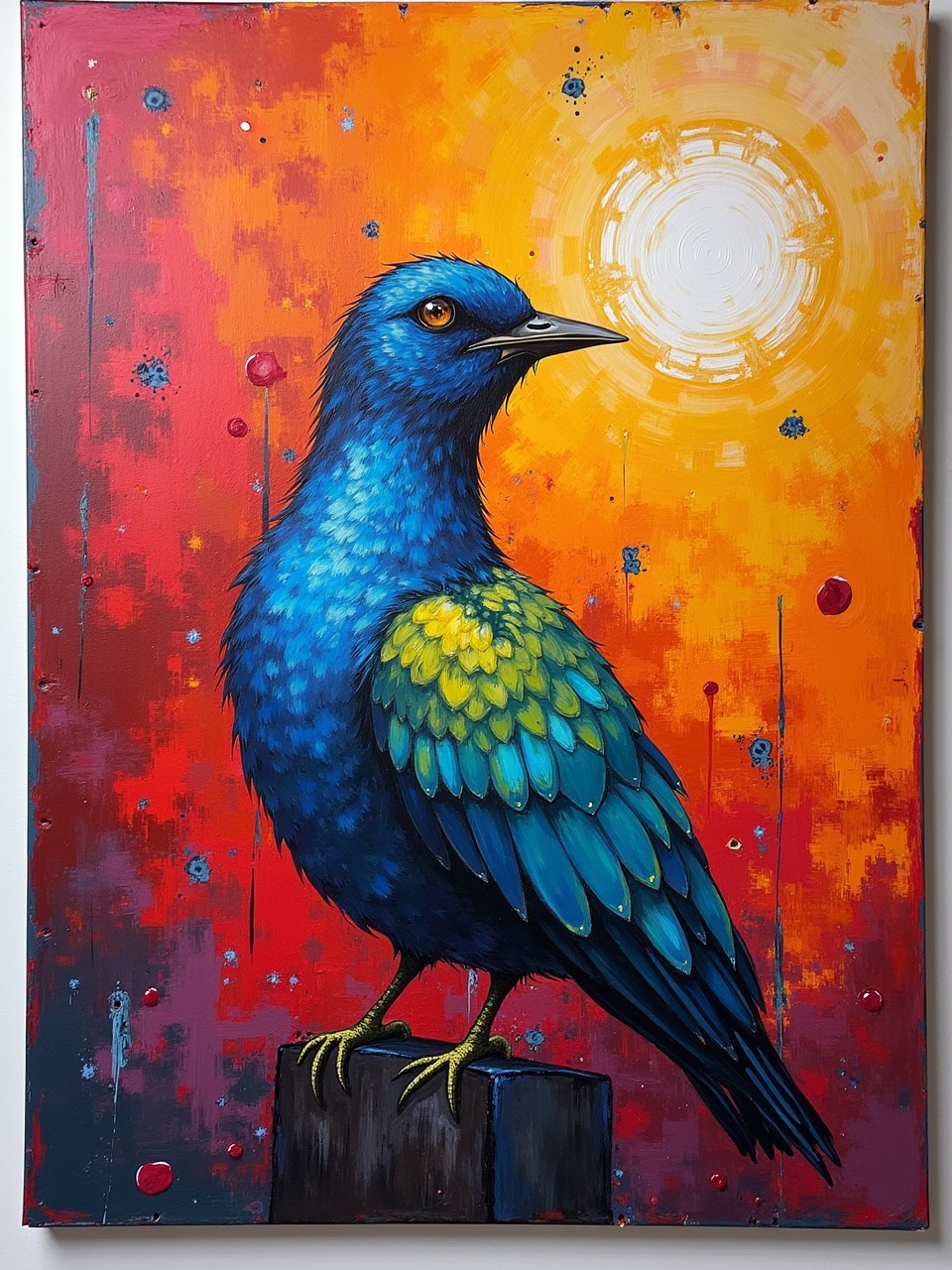 This artwork features a strikingly vibrant blue bird perched on a wooden stump. The bird's feathers are beautifully detailed, showcasing hues of blue and hints of yellow on its wings. It stands in front of an abstract sunset, painted in warm oranges and reds, with a glowing sun behind it. The background contrasts sharply with the brilliant colors of the bird, creating a lively visual effect. The painting combines realism and creativity in a modern style, perfect for art enthusiasts.