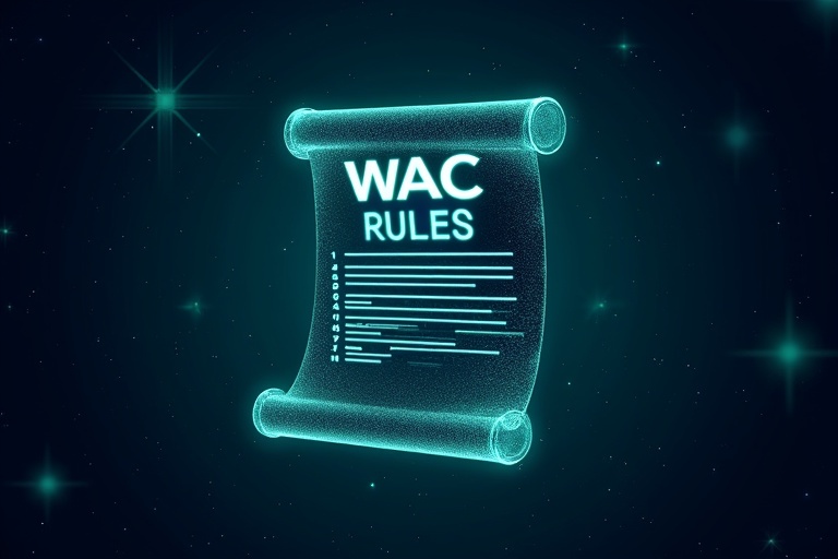 Dark blue starry backdrop with a futuristic digital scroll in the center. Scroll is semi-transparent and unrolling. Title displays WAC Rules. Twelve glowing white lines are etched onto the scroll. Subtle green and blue light effects surround the scroll. Symbolizes technology and innovation.