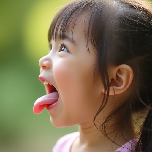 Image shows a little girl in profile taking an adorable expression. Mouth is wide open tongue out creating a cheerful vibe. Natural setting adds a playful touch with gentle colors.