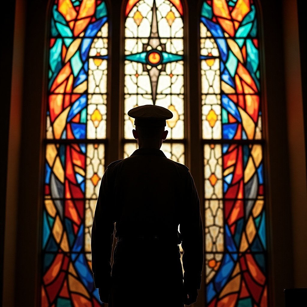 Image of a soldier silhouetted against colorful stained glass windows in a church. The scene captures a moment of reflection and reverence.