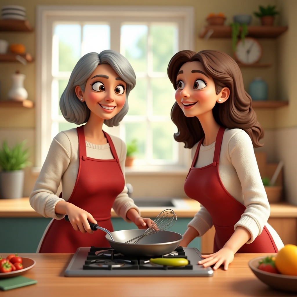 Scene in vibrant kitchen with two adult females. One woman is whisking while the other touches a pan. They are preparing for family lunch with energetic atmosphere. 3D Pixar style.