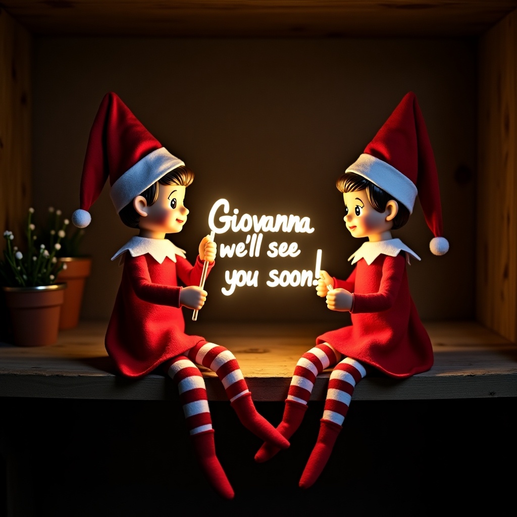 This image features two adorable elves, a boy and girl, dressed in traditional red and white attire. They are sitting close together in a dark setting that allows their smiles and the glow stick to shine brightly. The glow stick in their hands creates a warm message that says, 'Giovanna, we'll see you soon!' which adds a personal touch to the festive scene. The background is softly lit, highlighting the joyful expressions on their faces. It's a charming representation of the Christmas spirit, perfect for evoking a sense of magic during the holiday season.