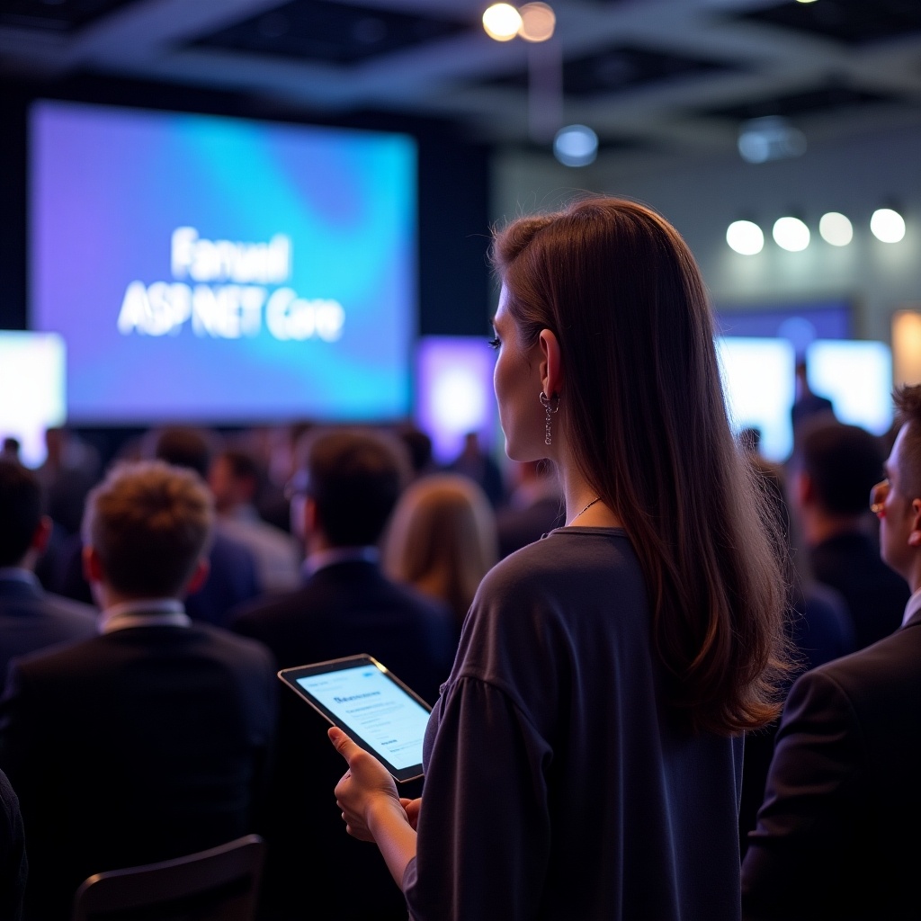 The image captures a technology exhibition where a beautiful woman is introducing ASP.NET Core. She stands attentively, holding a tablet and facing the stage. The audience behind her is composed of business professionals, engaged and focused on the presentation. The setting is illuminated with soft lights, creating a professional and vibrant atmosphere. The stage has the ASP.NET Core branding, indicating the event's theme. This image highlights the intersection of technology and professional events, showcasing innovation in action.