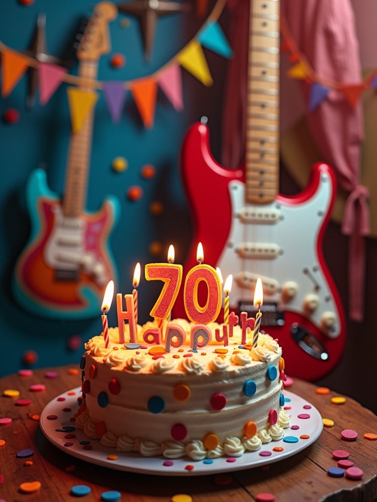 A festive birthday scene showcases a birthday cake with vibrant decorations. The cake features the number 70 and the words Happy. Electric guitars are displayed in the background. Bright colors and a musical theme create a celebratory mood.