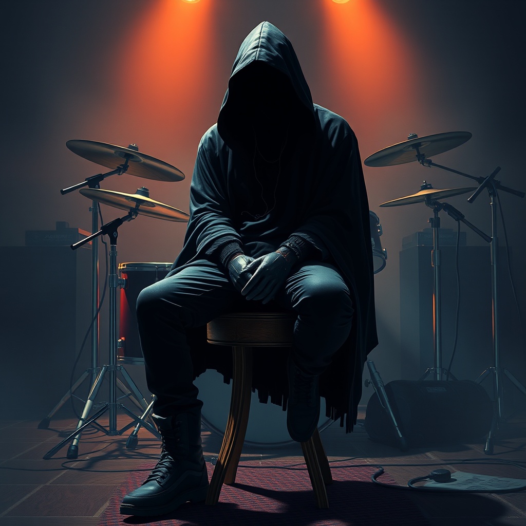 A mysterious, hooded figure sits in a dimly lit music studio with drums in the background.