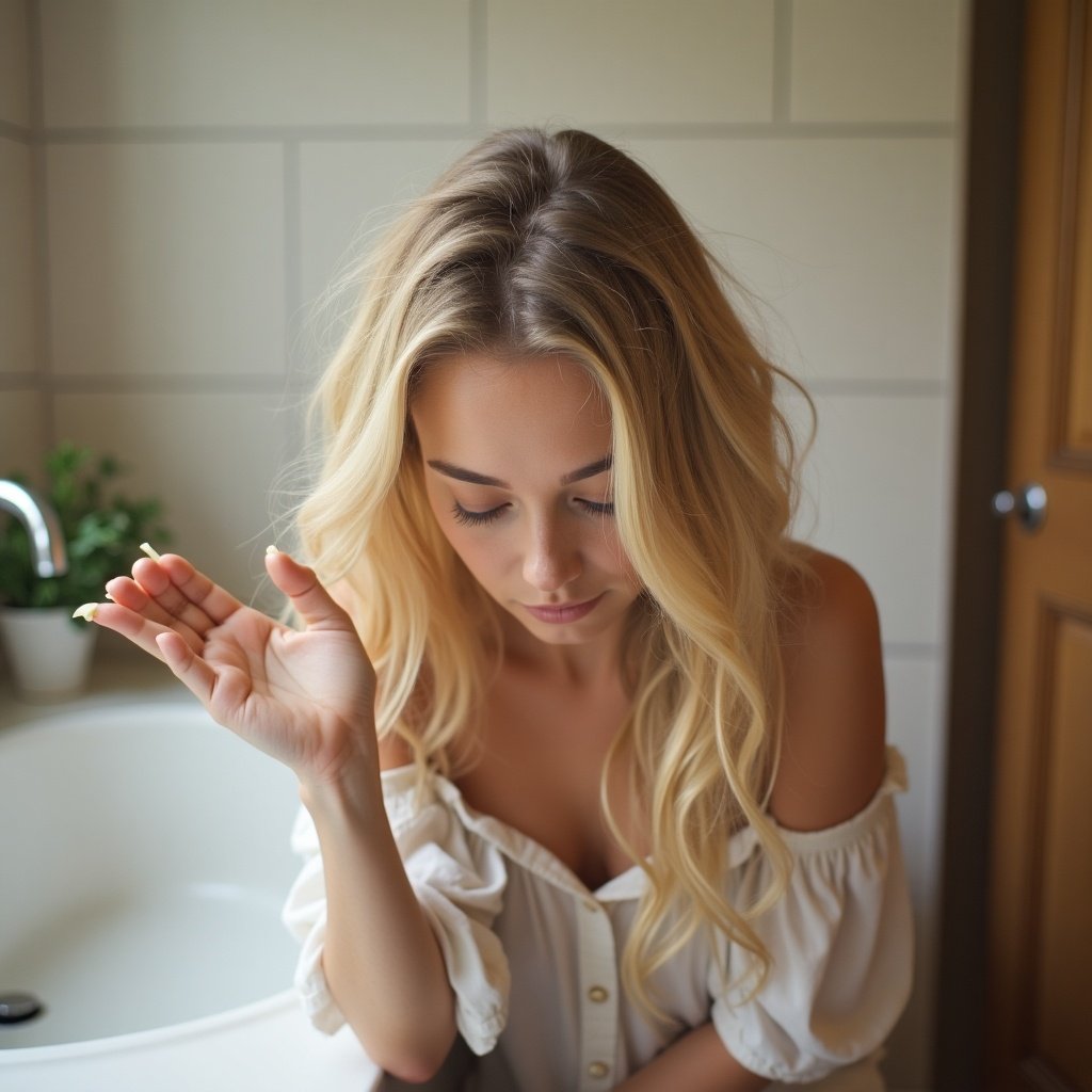 Blonde hair falls into a hand in a sink setting. Soft lighting creates a warm atmosphere. The background includes a hint of green from a plant.