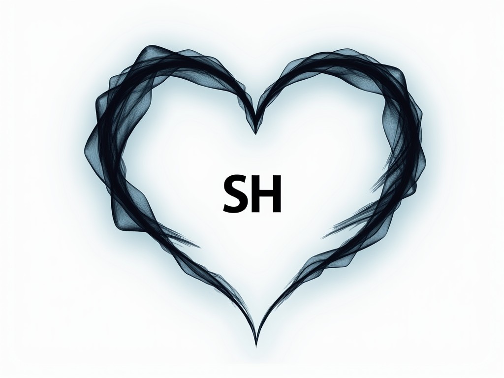 The image features a heart shape created by swirling, translucent, black ribbons that give it an ethereal feel. The ribbons converge to form a delicate, symmetrical heart design against a clean, light background. In the center, the letters 'SH' are prominently displayed, adding an element of personalization or branding.