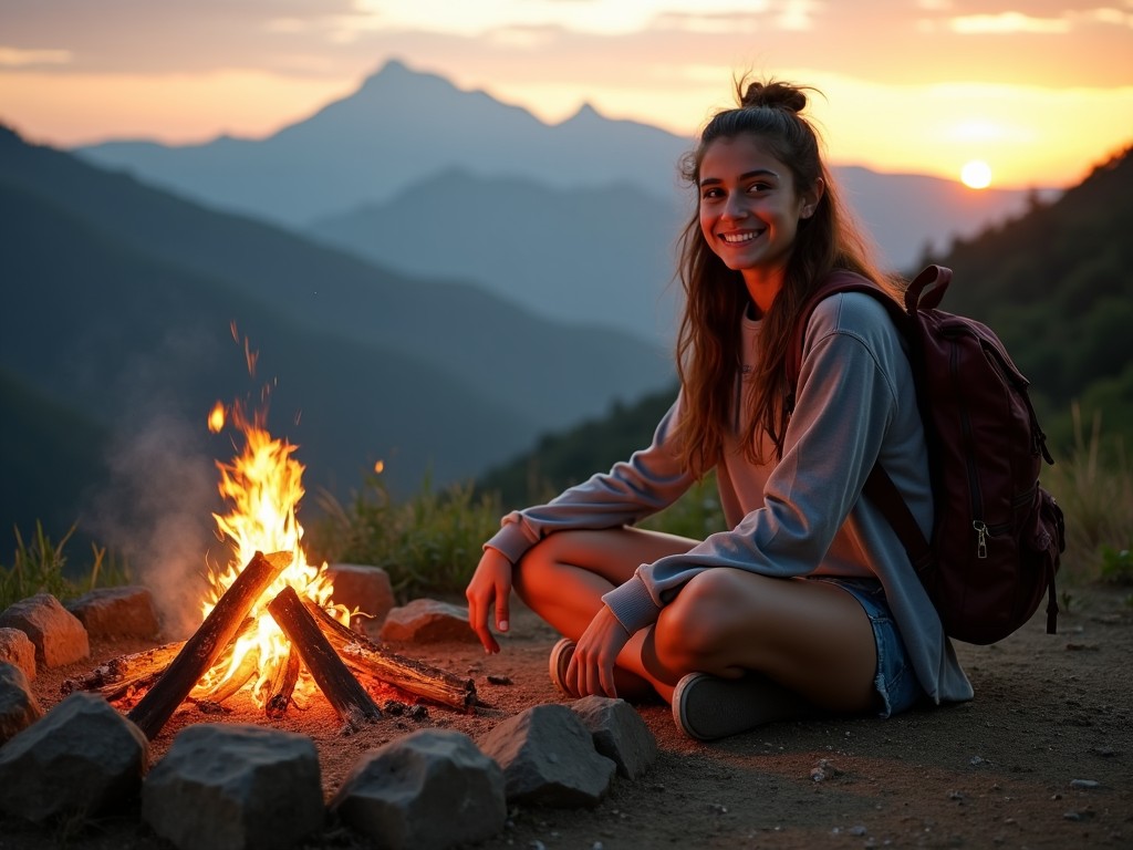 a young woman sitting by a campfire at sunset in the mountains, wearing casual hiking attire and a backpack, looking happy and relaxed