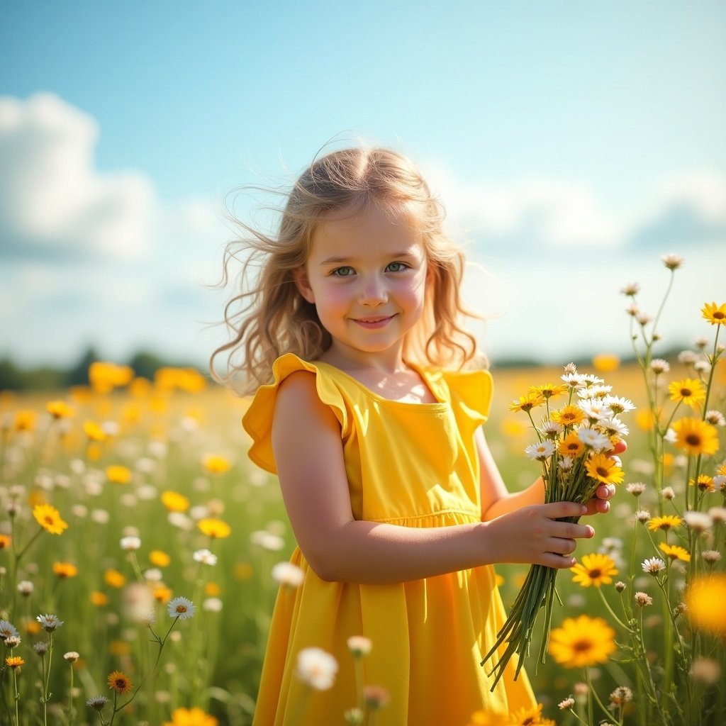 Little girl in a yellow dress holding a bouquet of flowers in a field of daisies under a blue sky.