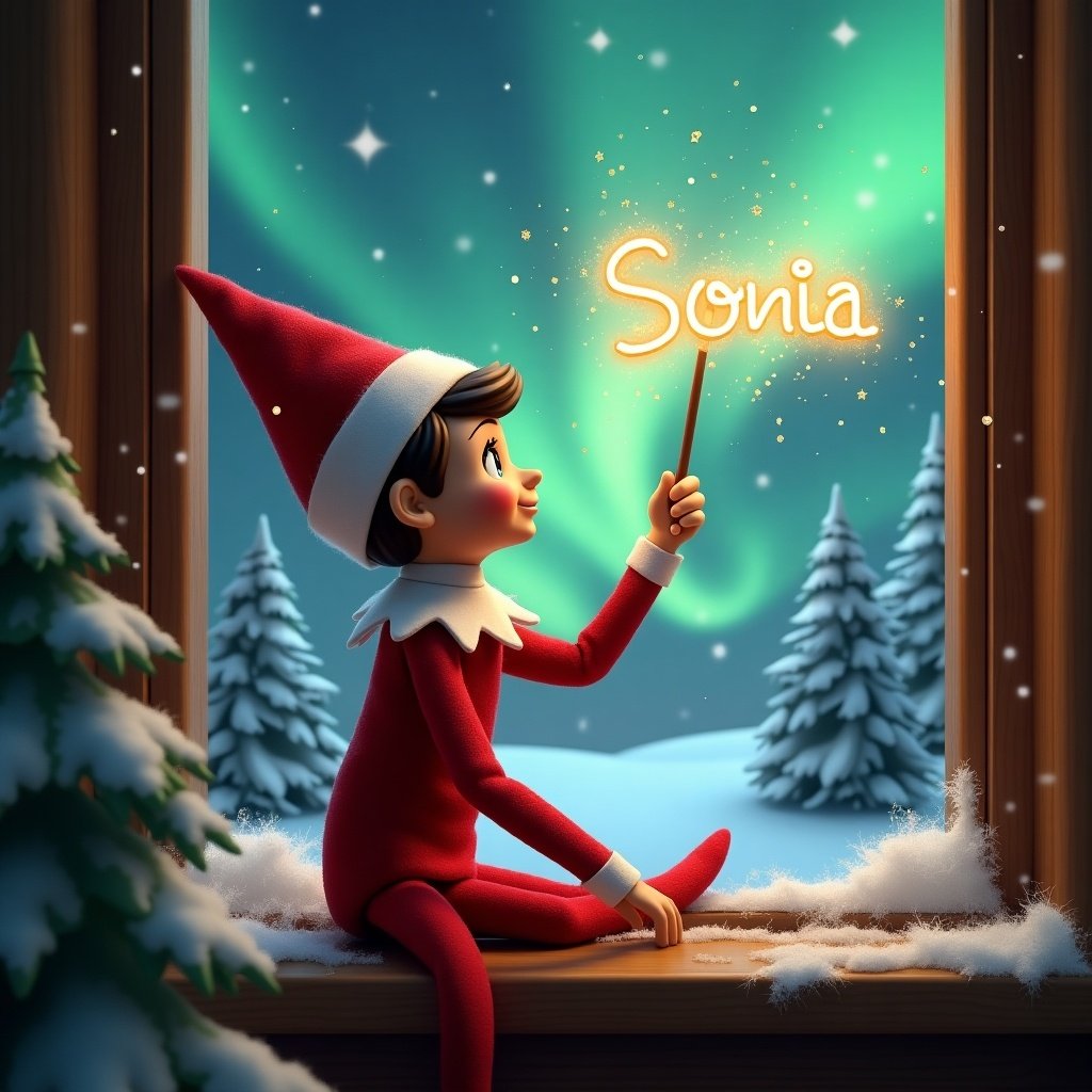 An elf sits on a window ledge. The elf wears a red outfit. The elf gazes at the northern lights. One hand holds a wand creating sparkling sparks. Snow-covered pine trees are visible outside.