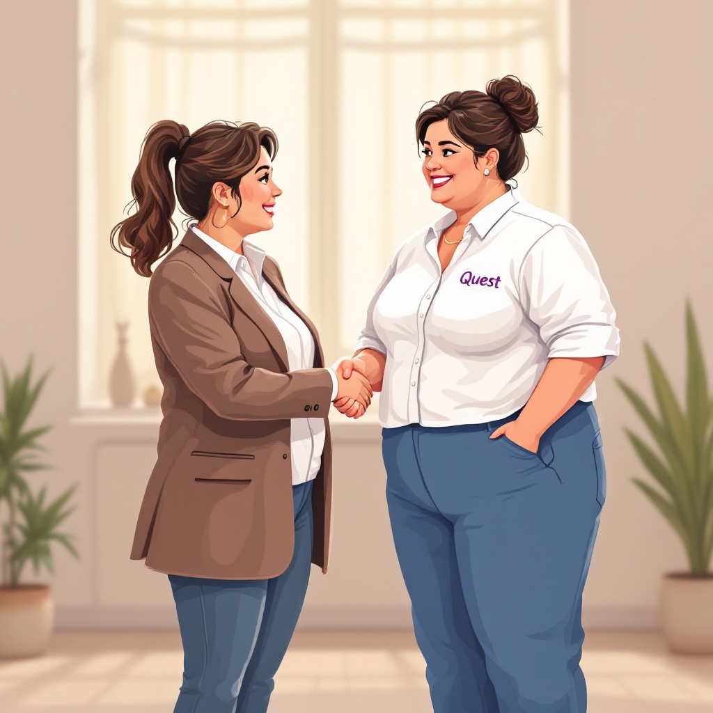 A warm daycare teacher stands confidently. She wears a crisp white shirt with a purple 'Quest' logo. Comfortable blue jeans complete her outfit. She shakes hands with a poised executive. The setting is professional and welcoming, reflecting warmth and professionalism.