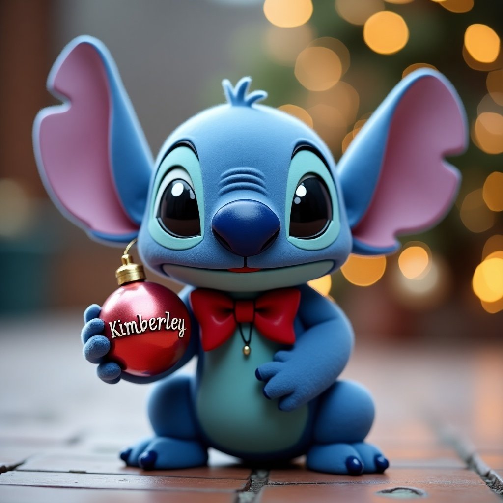 Cute character resembling Stitch holds Christmas bauble. Character is blue with large ears. Character wears a red bow tie. Bauble has name Kimberley on it. Background has warm bokeh lights.