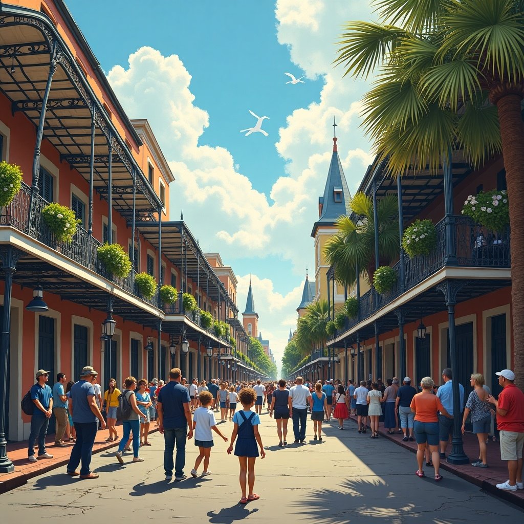 A bustling street in New Orleans on a bright sunny day. Many people walking, enjoying the atmosphere. Lush palm trees and historic buildings line the road. Beautiful skies with a few clouds.