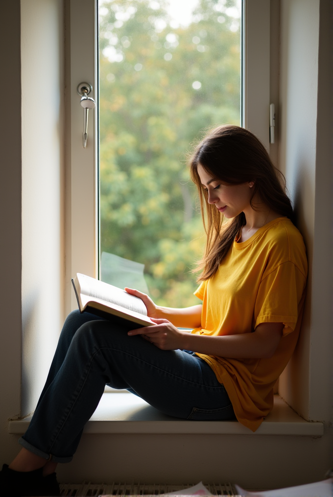 A woman in a yellow shirt reads a book while sitting on a sunlit windowsill with a view of lush greenery.