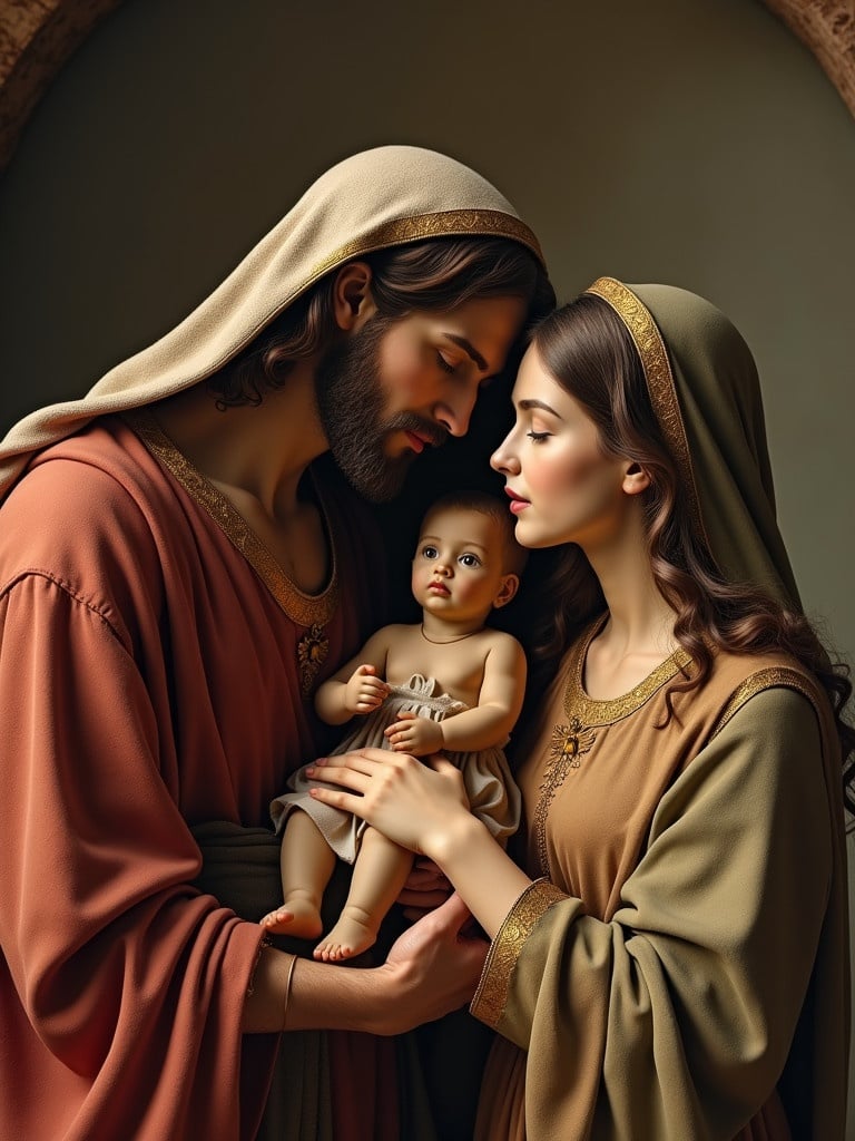 Create a photorealistic image depicting Jesus, Mary, and Joseph in a nativity scene.