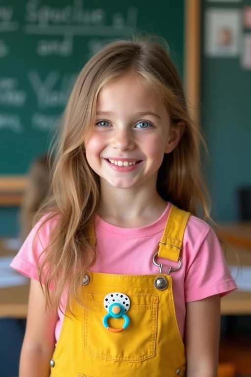 A young girl stands in a classroom wearing yellow dungarees and a pink t-shirt. She has long light brown hair. The girl holds a pacifier and smiles at a blackboard. Her eyes are blue.