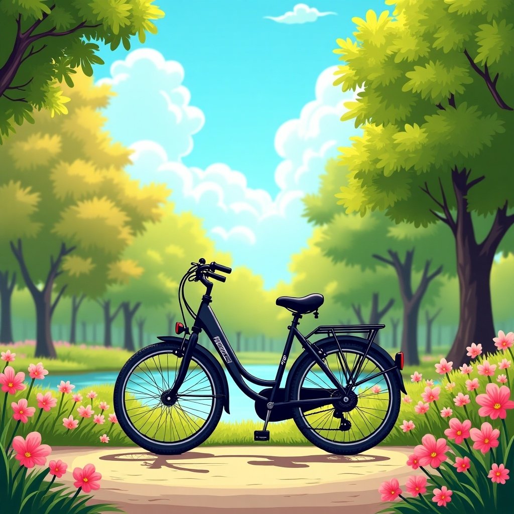 A bike standing on a pathway surrounded by flowers and trees. The scene features a sunny sky with fluffy clouds, creating a vibrant outdoor environment.