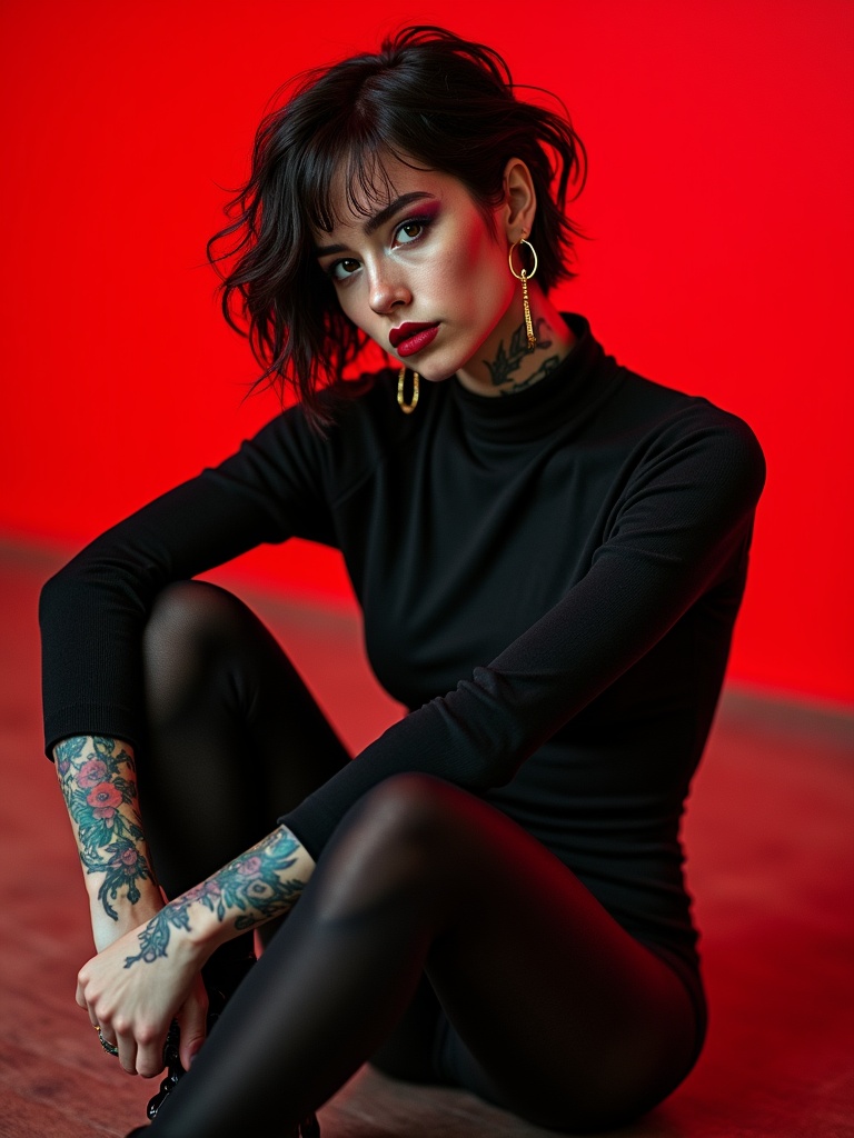 The image depicts a person with a stylish bob haircut, sitting against a vibrant red background. They are dressed in a black outfit, featuring tattoos on their arms, and wearing bold makeup with striking red lipstick. The pose and expression contribute to an overall edgy and modern aesthetic.