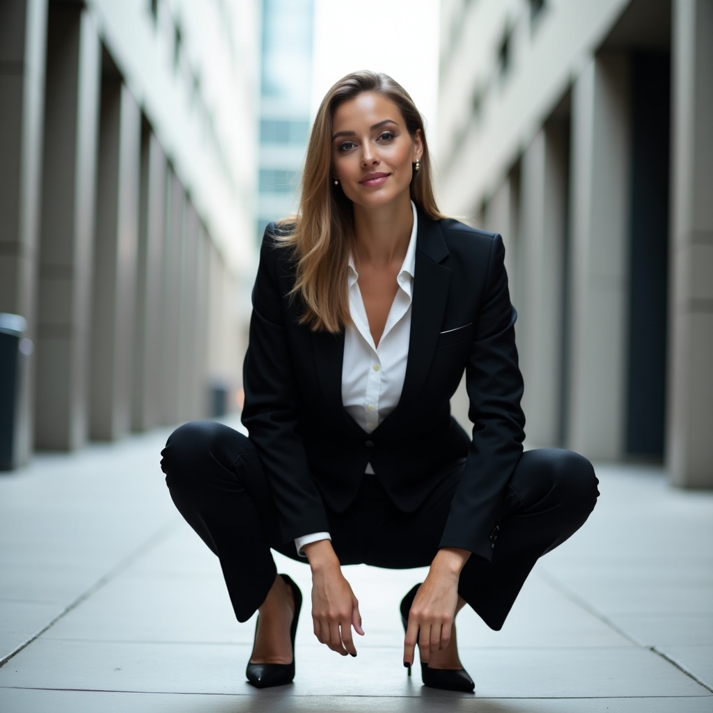 A woman in a tailored black suit is squatting with her legs spread, leaning slightly backward. She has long hair that frames her face, which carries a confident expression. The background features modern architectural lines, enhancing the urban setting. The lighting is soft, giving a warm feel to the scene. This posture reflects confidence and empowerment in a professional context.