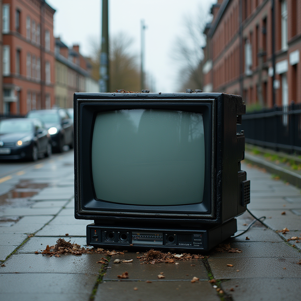 An old television set abandoned on a damp city sidewalk, surrounded by fallen leaves.