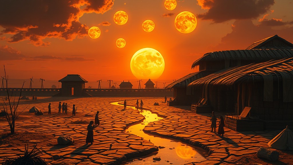 A surreal landscape with multiple orange moons over a village at sunset.