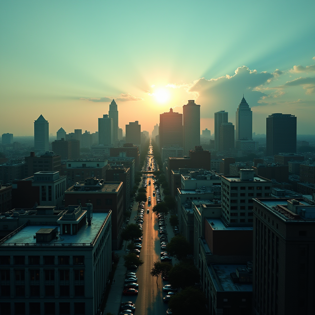 The image captures a stunning cityscape at sunset, where the sun is setting behind a collection of skyscrapers. The skyline features a mixture of modern and classic architecture with tall buildings rising prominently. The sky is a gradient of teal and orange hues, with sun rays breaking through scattered clouds. A long, straight street leads into the distance, lined with parked cars and trees, reflecting the golden light of the setting sun. The scene is tranquil, showcasing the serene beauty of an urban sunset.