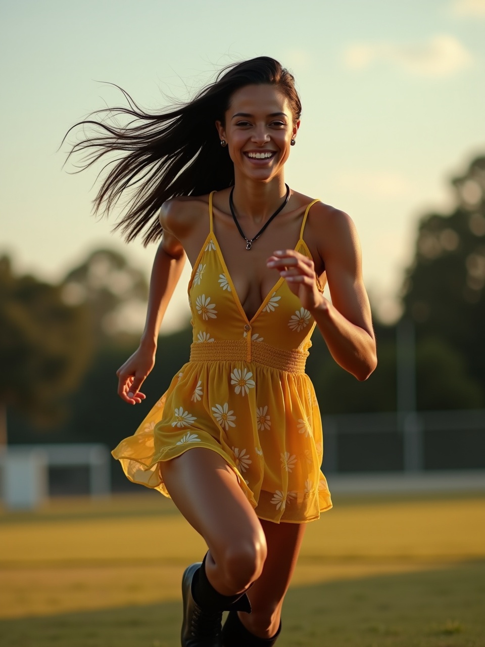 The image features a young model in a vibrant yellow floral dress, sprinting energetically across an empty sports oval. The low angle captures her dynamic motion, emphasizing her fit physique and confidence. Her long black hair flows behind her as she smiles, looking directly at the camera. The soft, warm lighting of dusk enhances the scene, casting a glow on her golden-brown skin. She pairs her dress with thigh-high black socks and stylish boots, embodying a blend of athleticism and fashion.