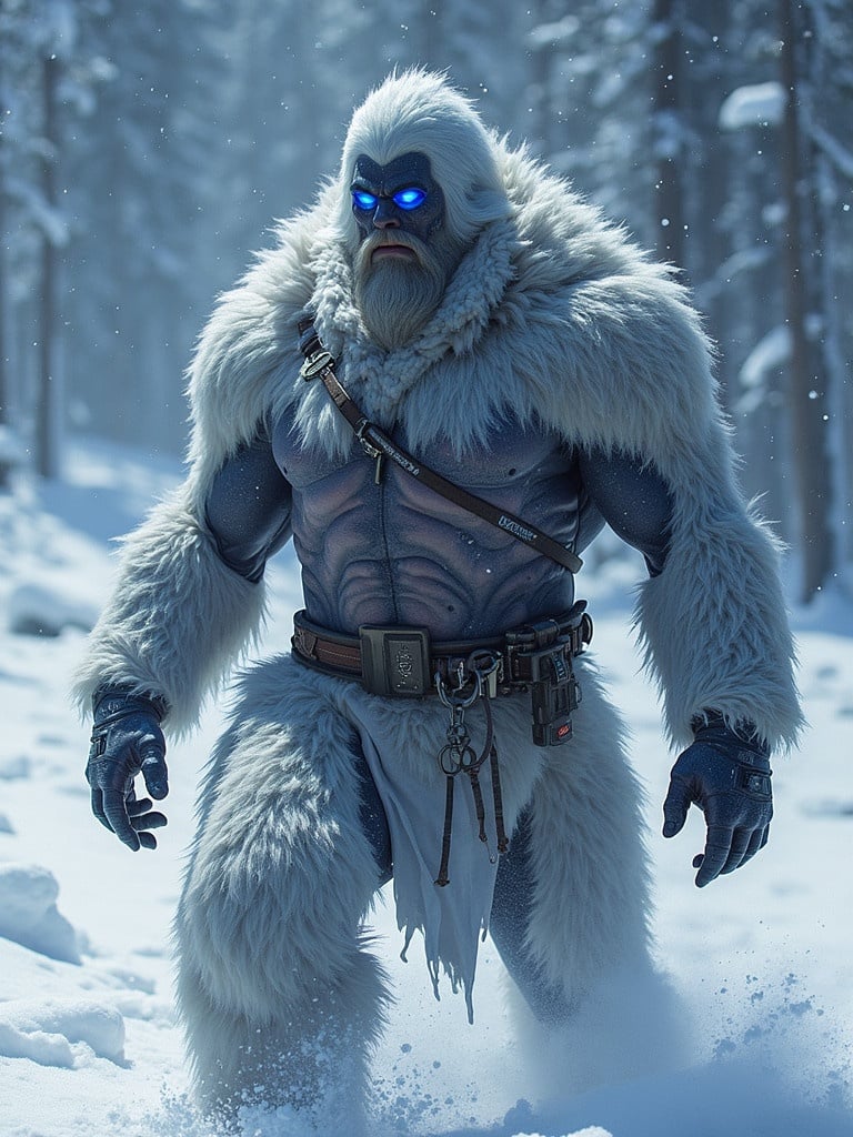 A muscular figure dressed in a white, furry outfit stands confidently in a snowy forest. The backdrop features tall, snow-covered trees under a bright sky.