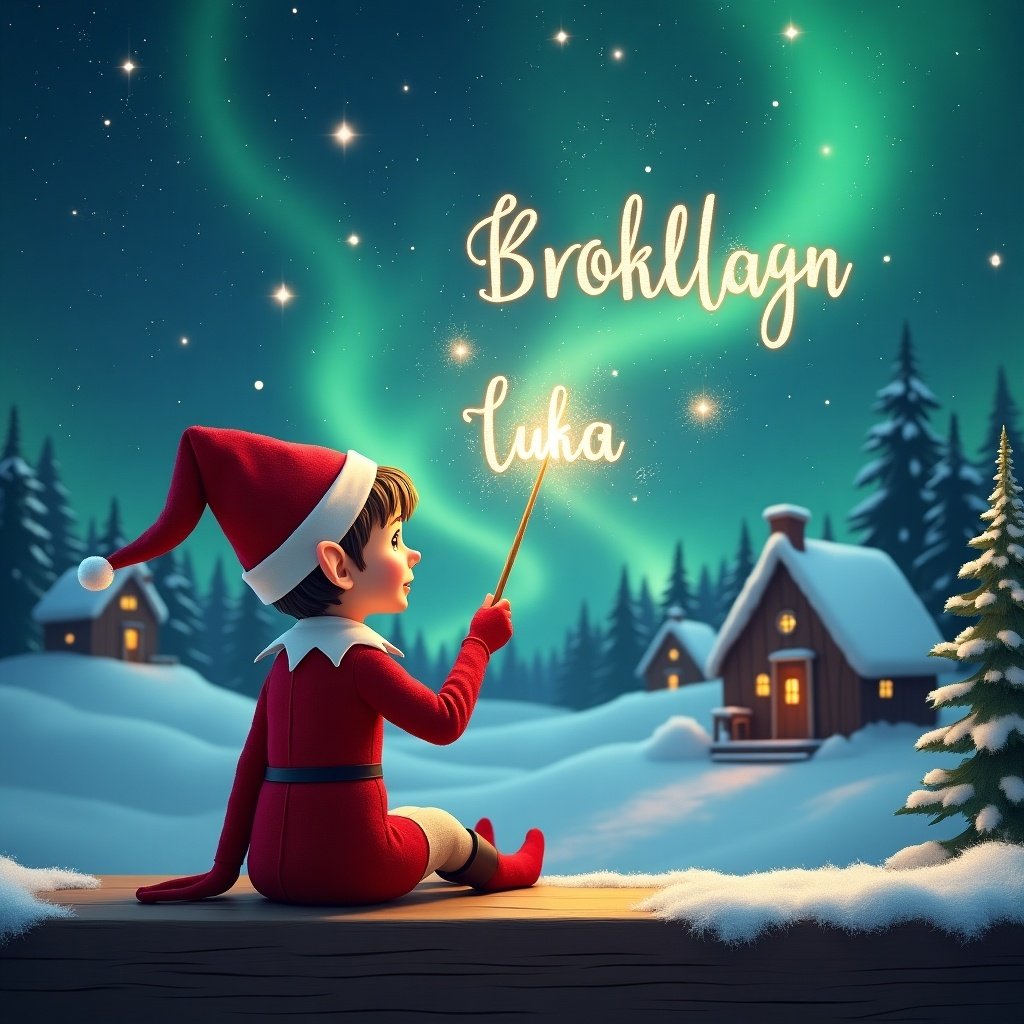 An elf sits on a wooden ledge with its back to the camera, gazing at a magical sky. The elf, dressed in a red outfit with a pointed hat, holds a sparkling wand. With the wand, the elf elegantly writes the names 'Willow', 'Brooklyn', and ‘Luka’ in the starry sky. The background features a snowy landscape with charming little houses and evergreen trees under the shimmering Northern Lights. This whimsical scene captures the essence of childhood magic and Christmas cheer.